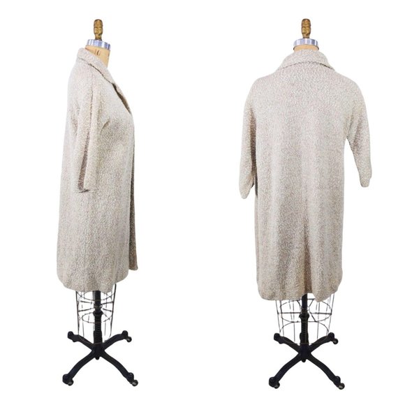 Vintage 1980s Beige Sweater Coat Speckled Open Knit Fall - Picture 5 of 6